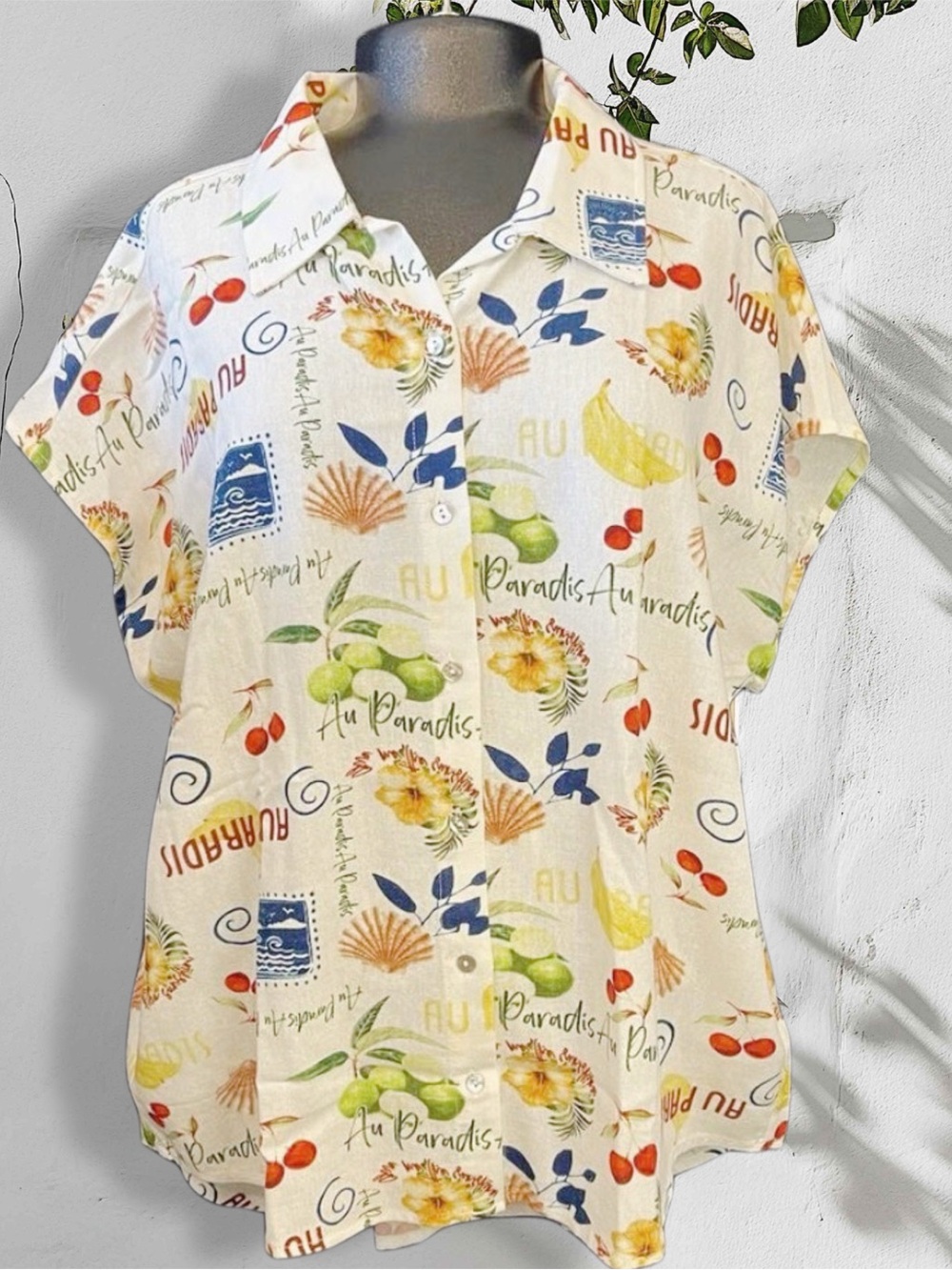 Hester & Orchard Women's Blouse M Linen Rayon Tropical Boxy Button-Up Shirt